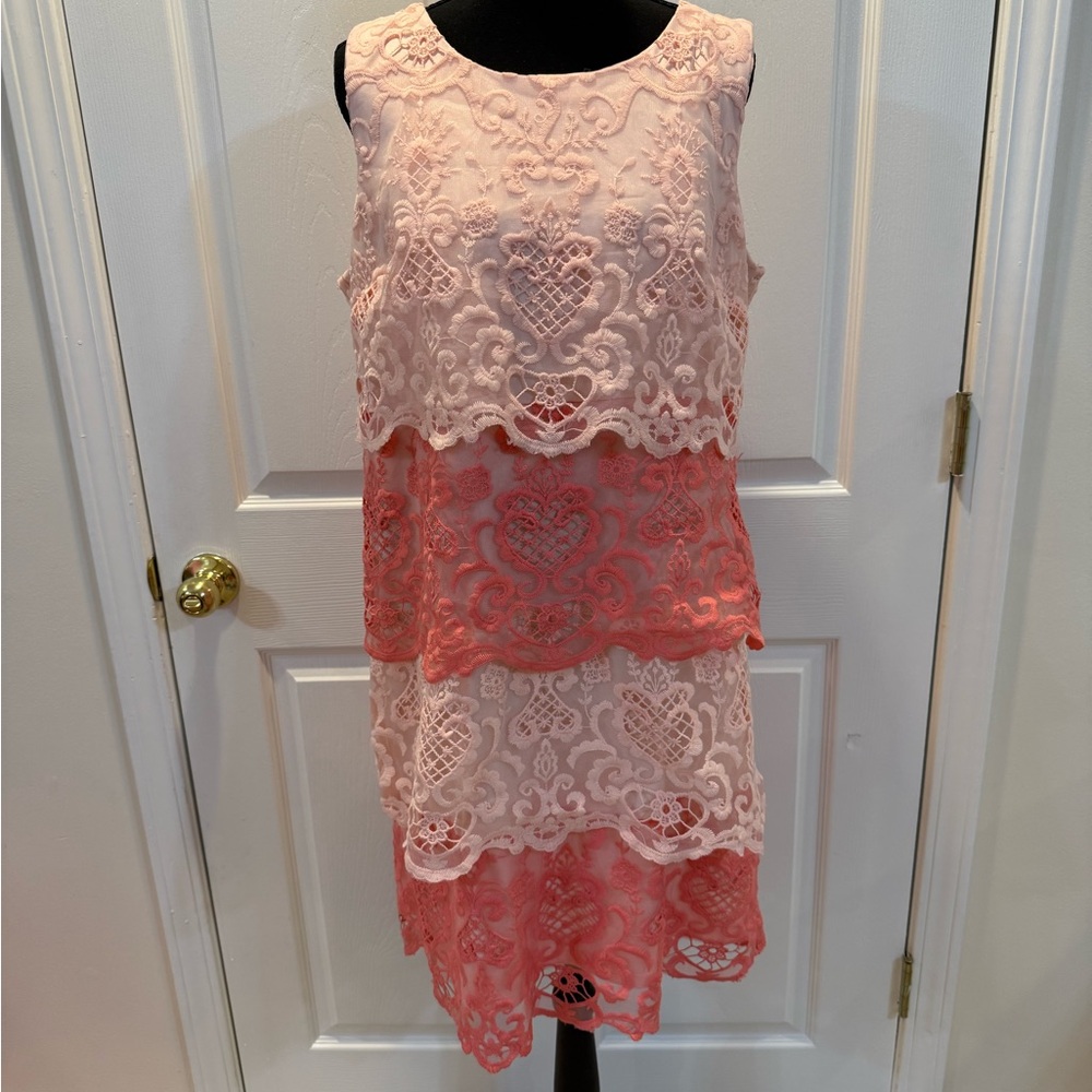 LF Pink and Coral Lace Tiered Midi Dress